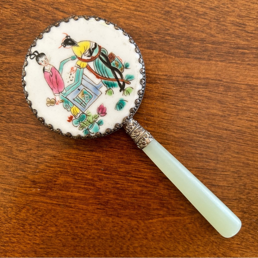 Small vintage Chinese hand mirror jade handle